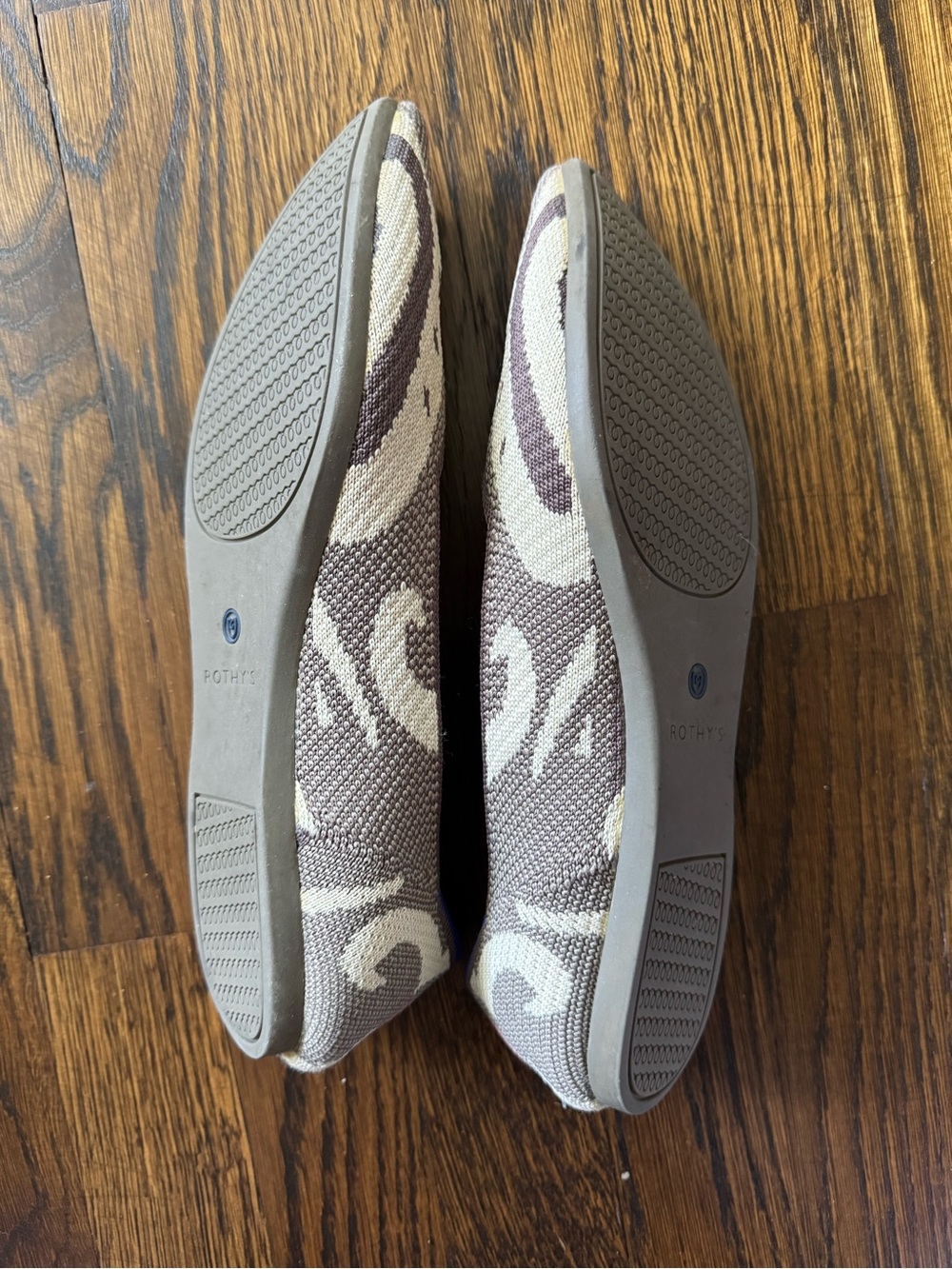 Rothy's Pink and Tan Pointed Knit Flats with Blue Trim - Picture 6 of 7